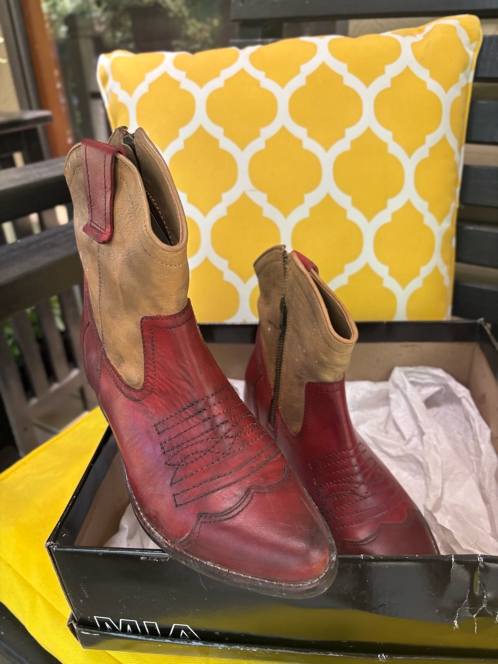 MIA Red and Tan Leather Western Ankle Boots